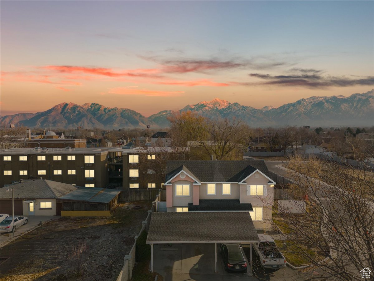 Aerial view at dusk with a mountain view