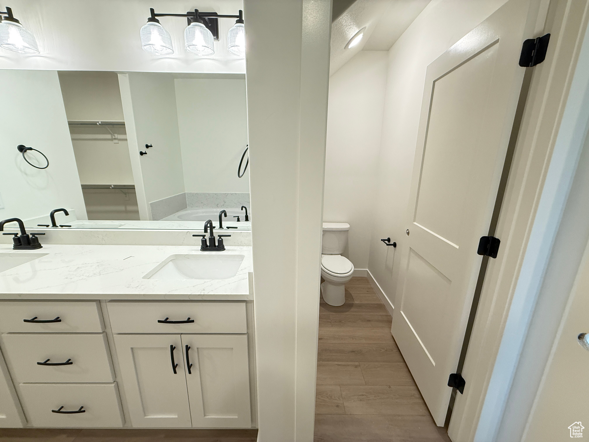 Bathroom featuring a tub to relax in, toilet, vanity, and hardwood / wood-style flooring