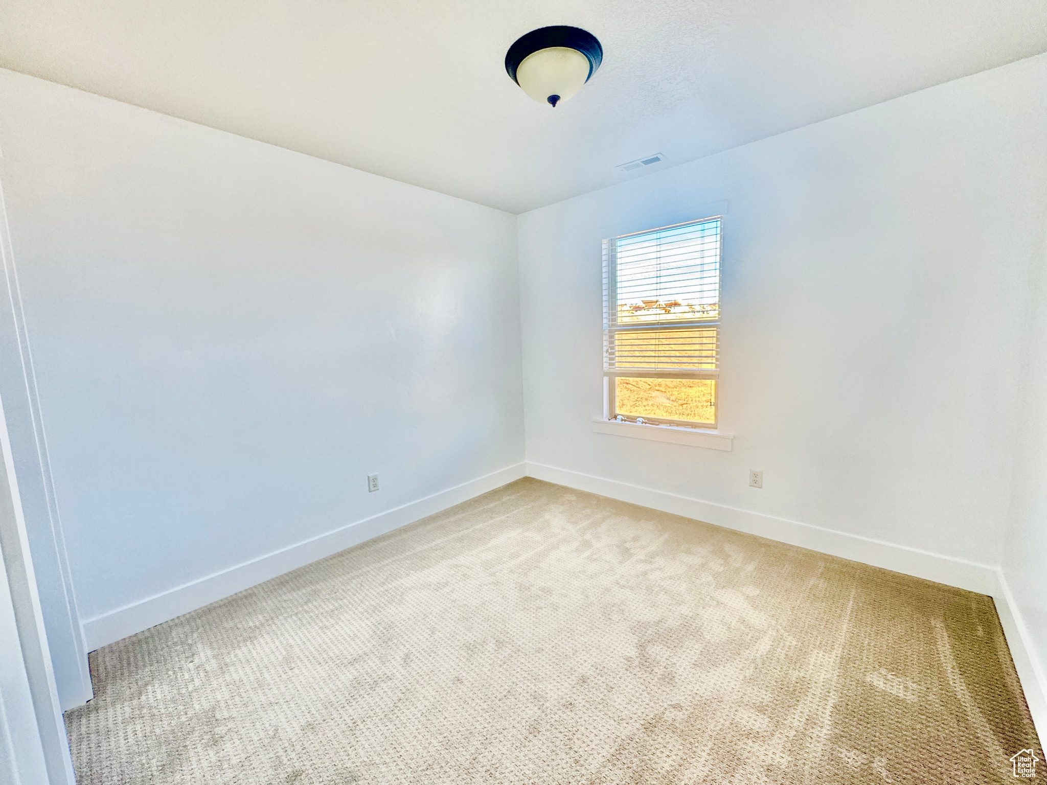 Unfurnished room featuring light colored carpet