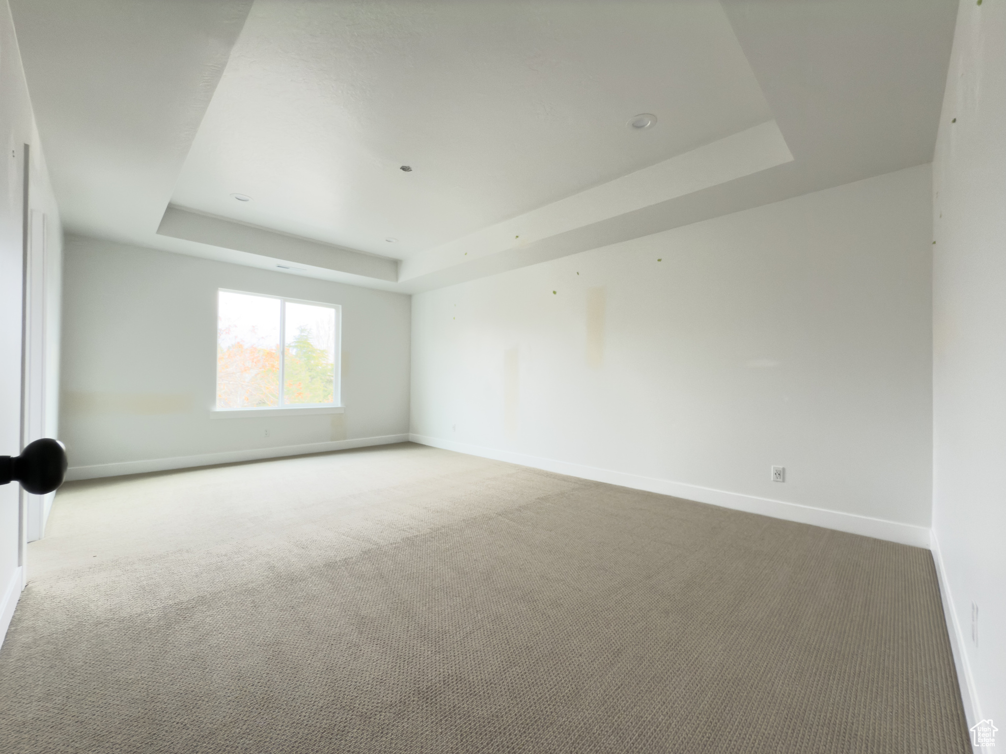 Empty room with a tray ceiling and carpet floors