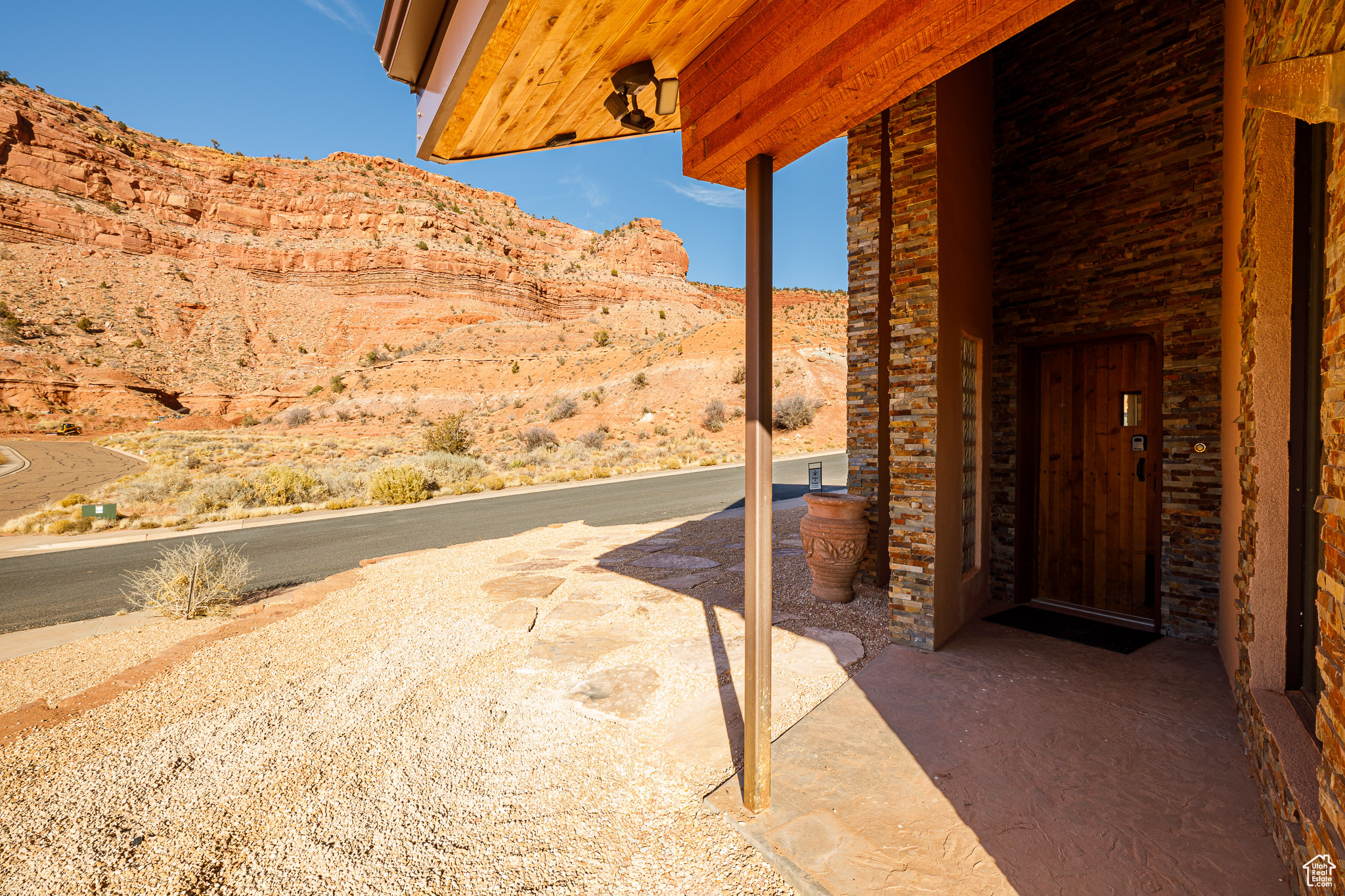 View of patio featuring a mountain view