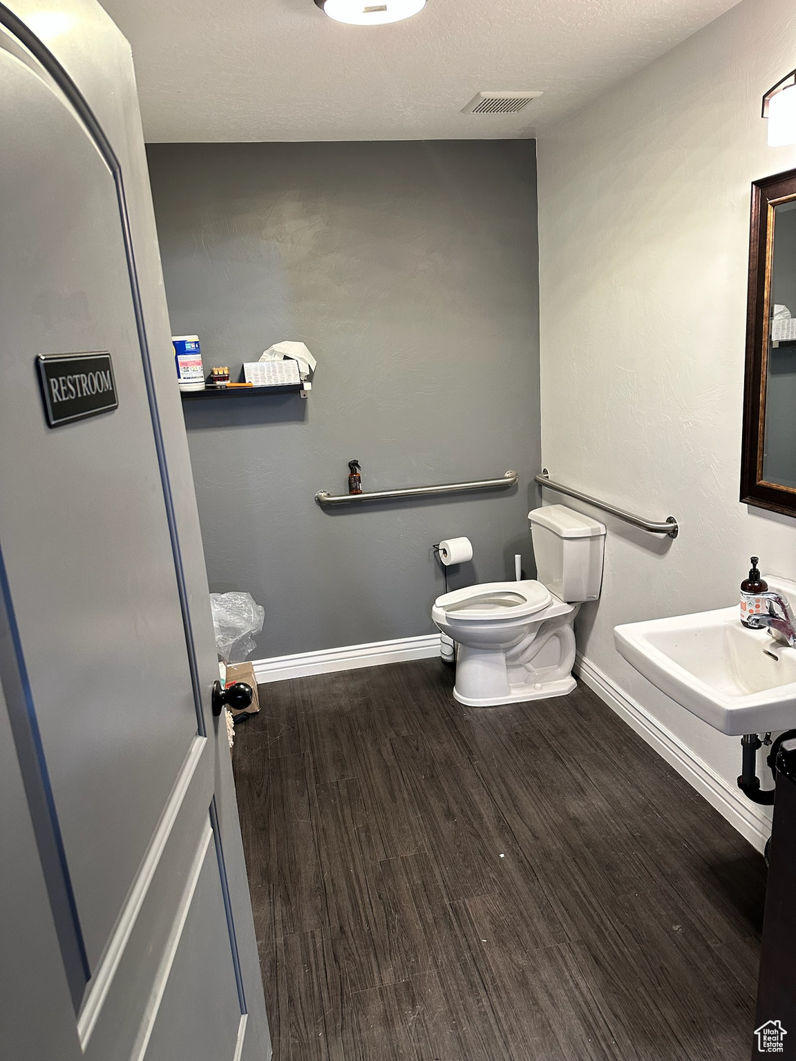 Bathroom with sink, toilet, and hardwood / wood-style flooring