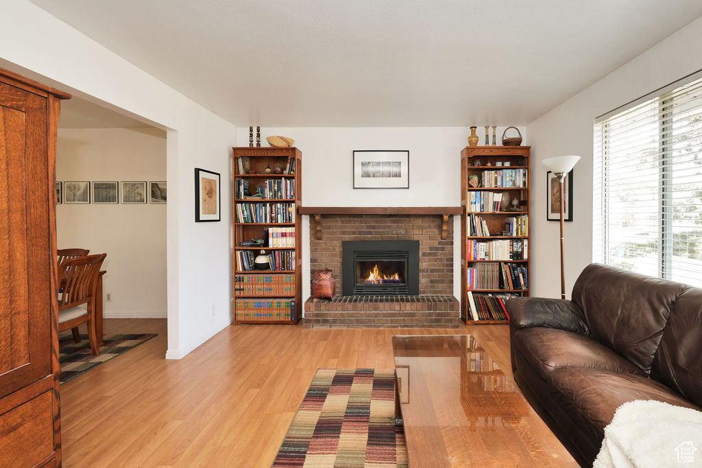 Living room featuring a fireplace and light hardwood / wood-style flooring