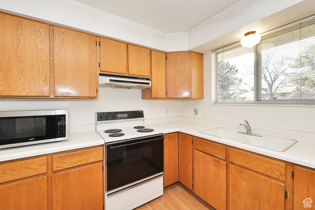 Kitchen featuring sink, light wood-type flooring, and white electric range