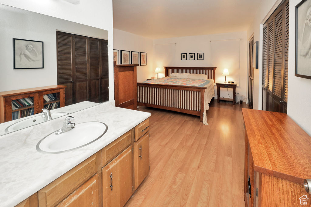 Bathroom with hardwood / wood-style flooring and sink