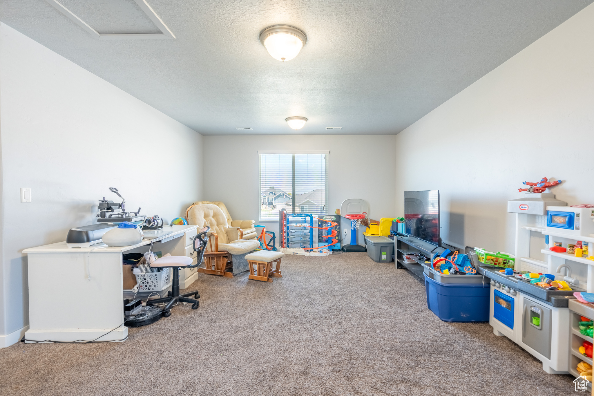 Recreation room with carpet flooring and a textured ceiling