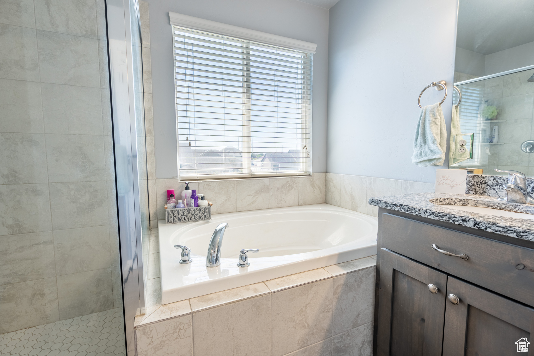 Bathroom with vanity and independent shower and bath