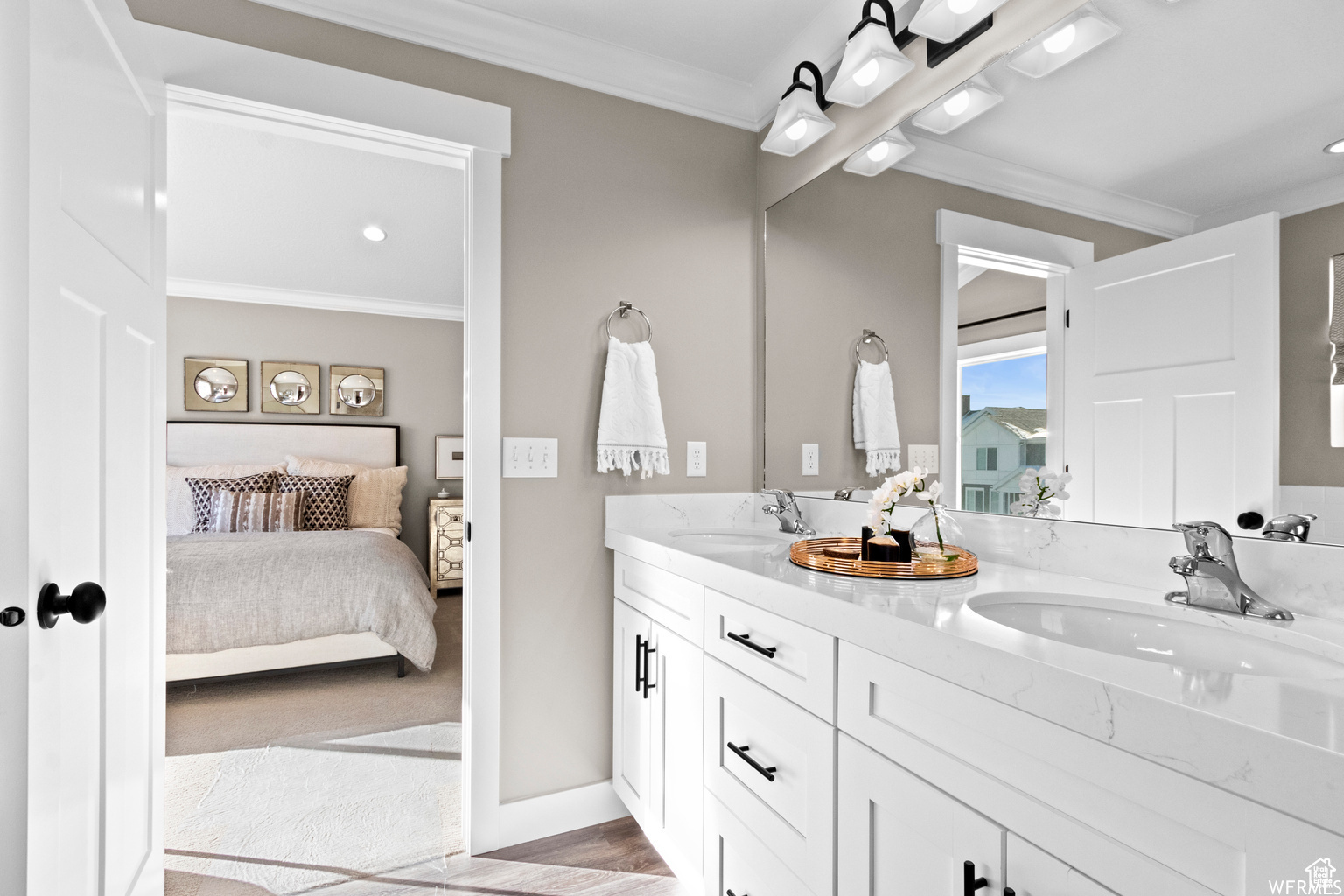 Bathroom with hardwood / wood-style flooring, vanity, and ornamental molding