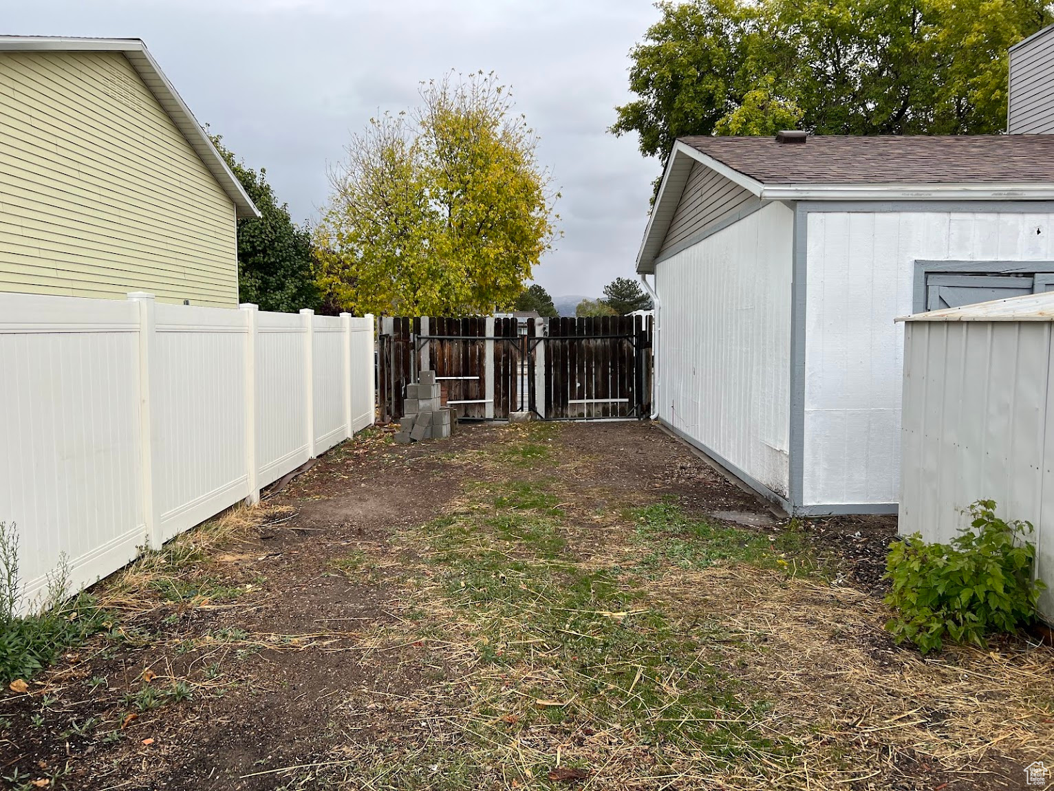 View of yard with a storage unit