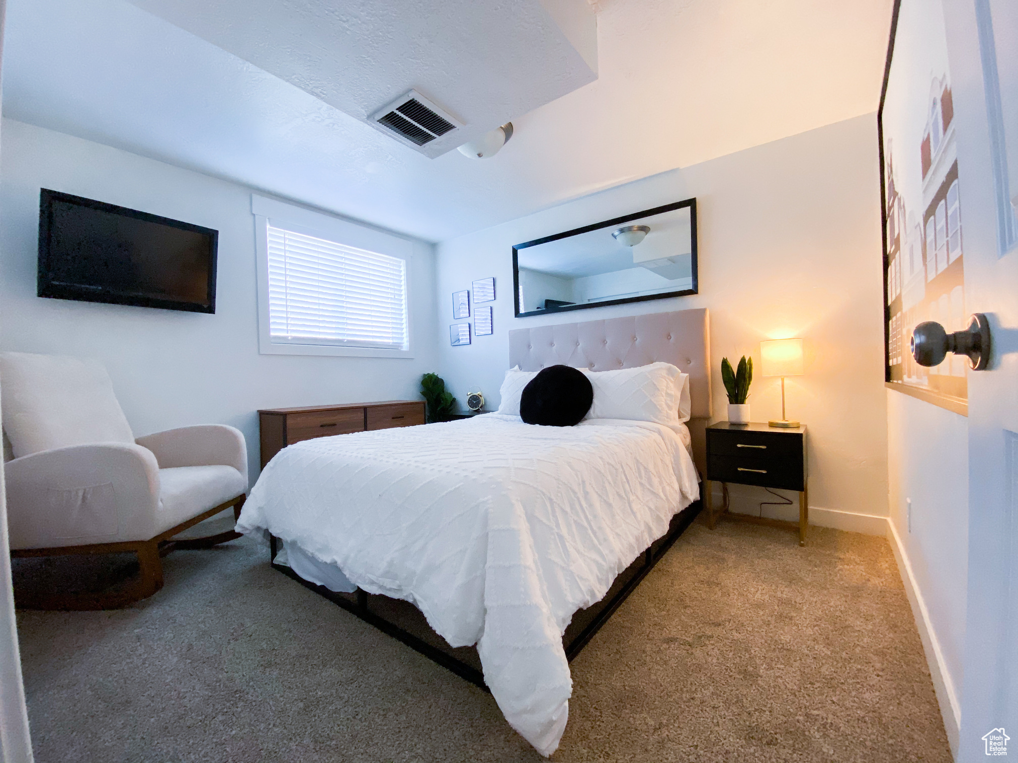 Downstairs Queen Bedroom featuring carpet flooring