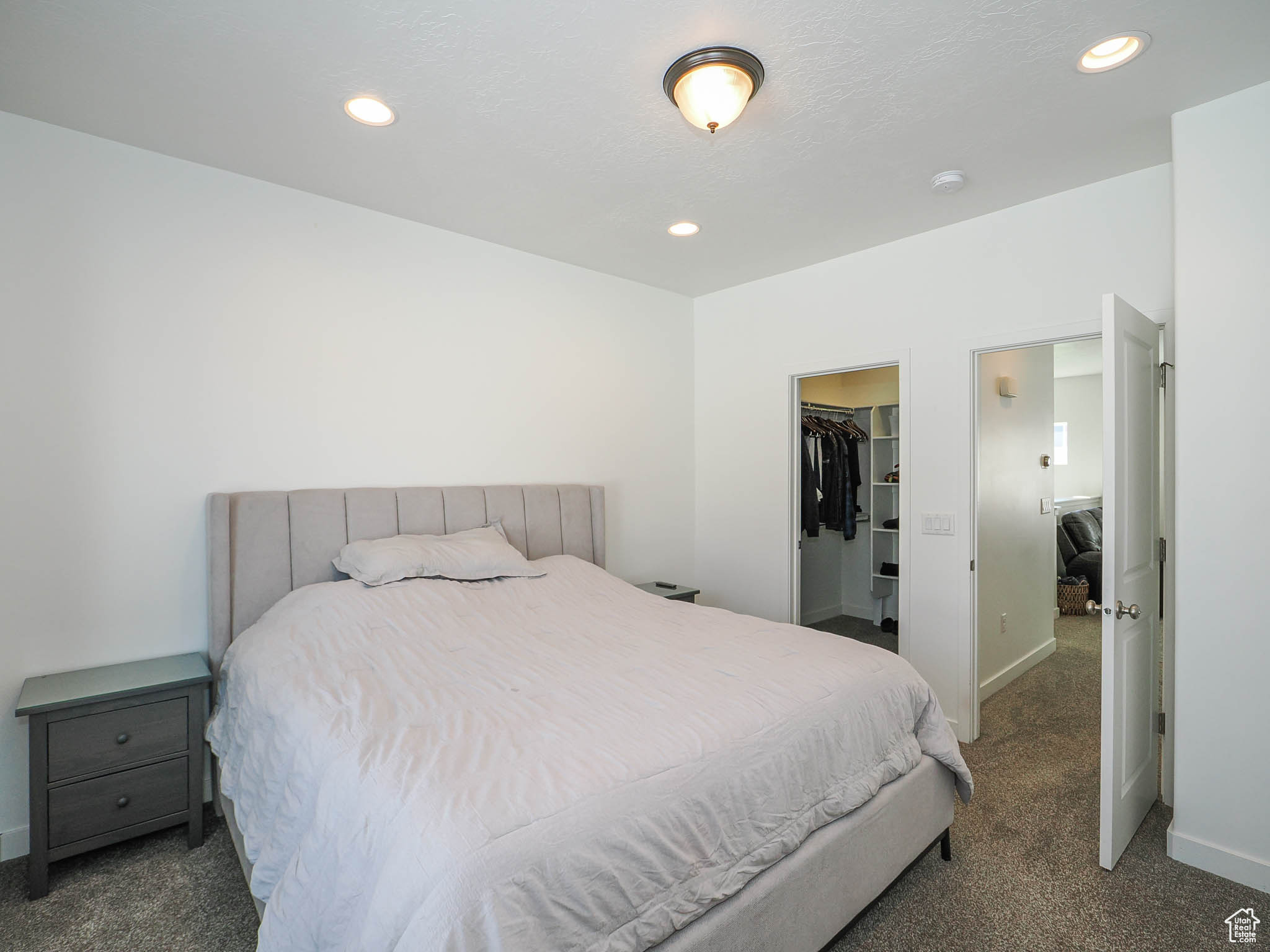 Carpeted bedroom featuring a walk in closet and a closet