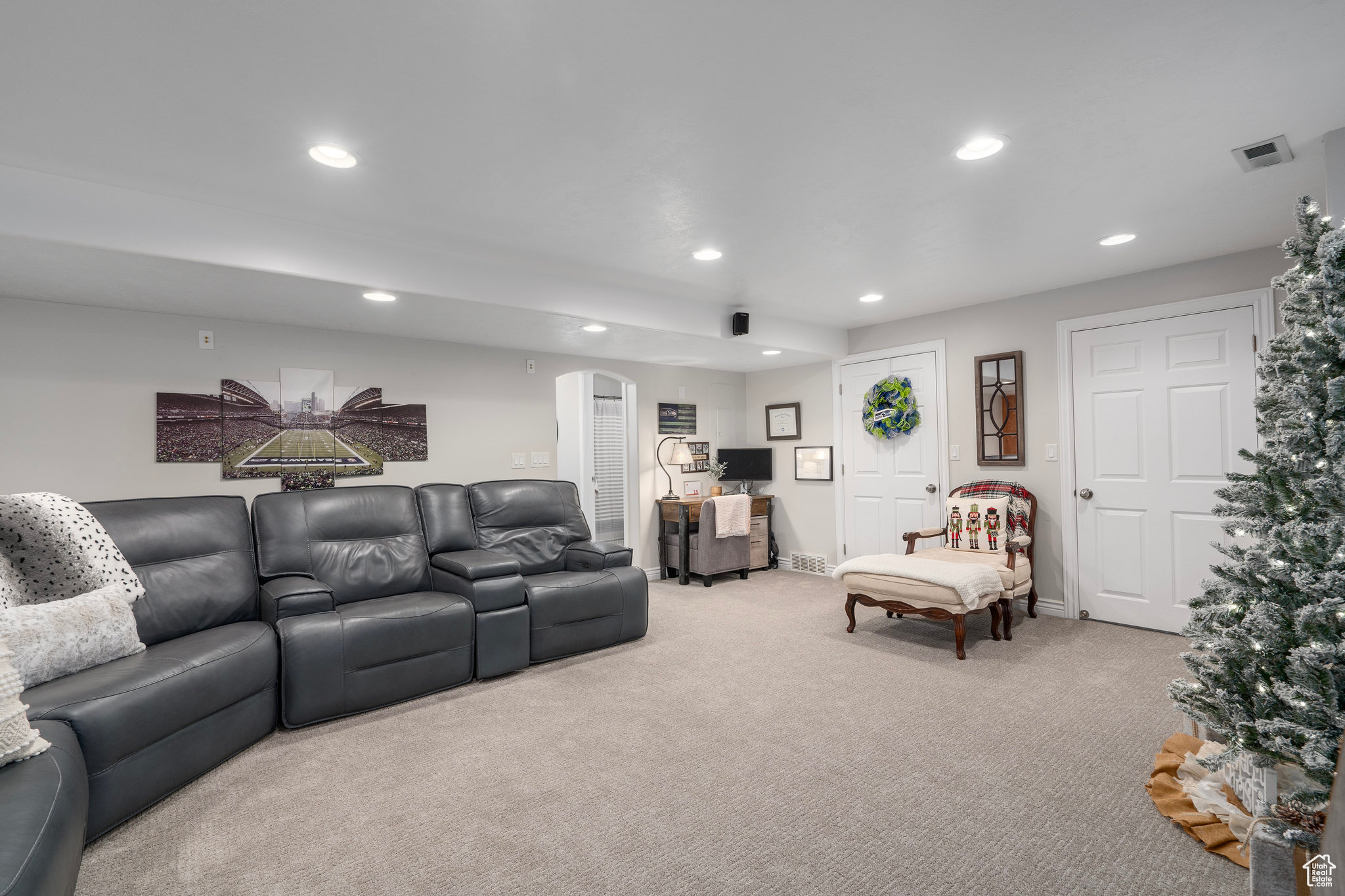 Living room with light carpet