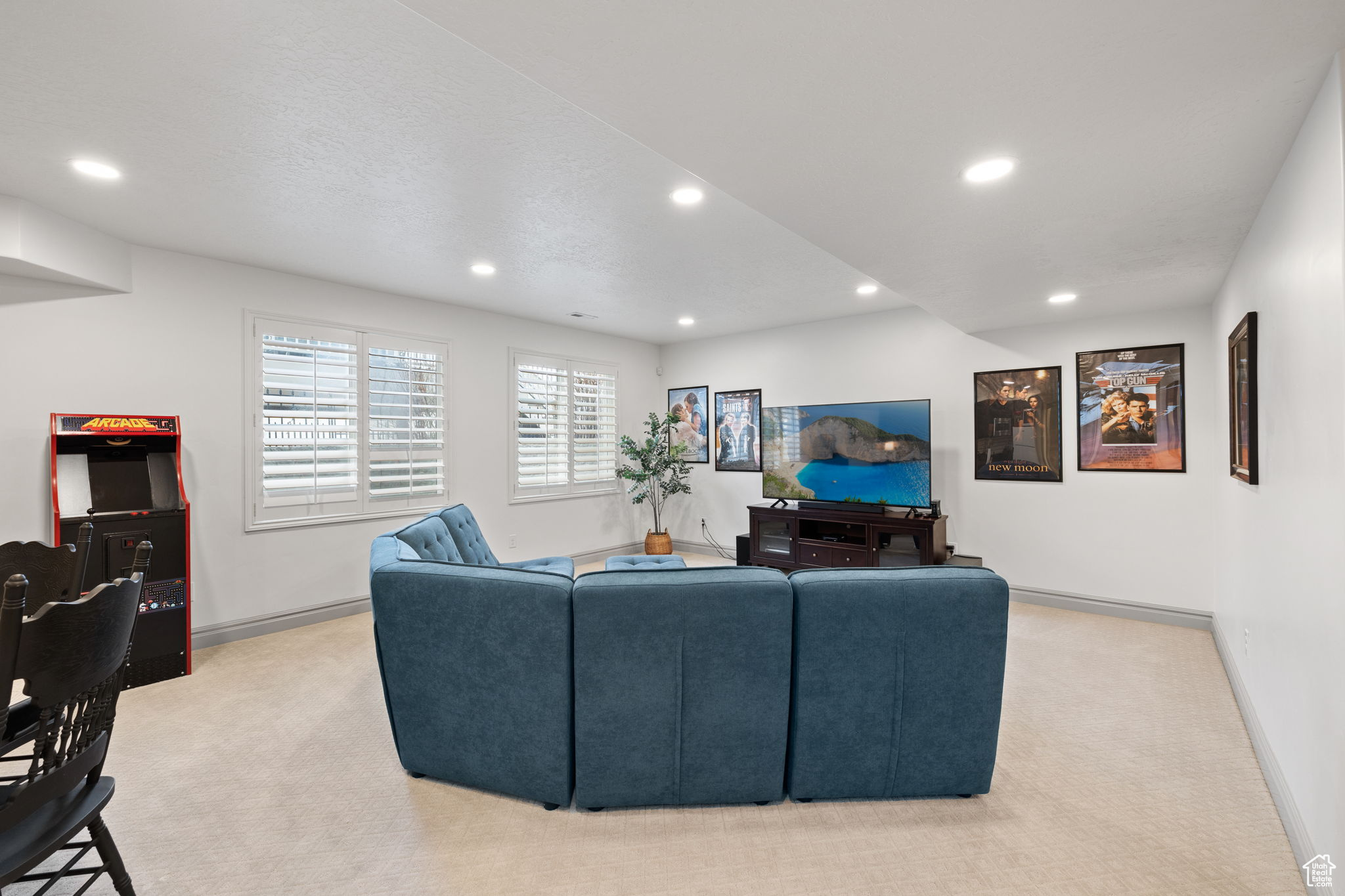 Living room with light carpet