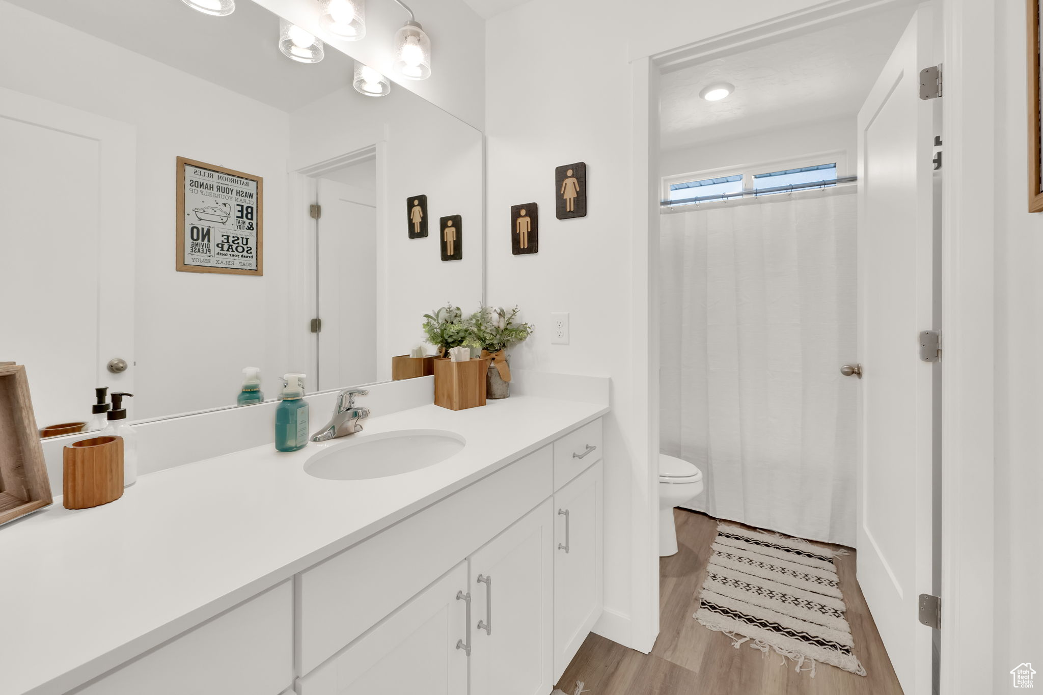 Bathroom with curtained shower, vanity, wood-type flooring, and toilet