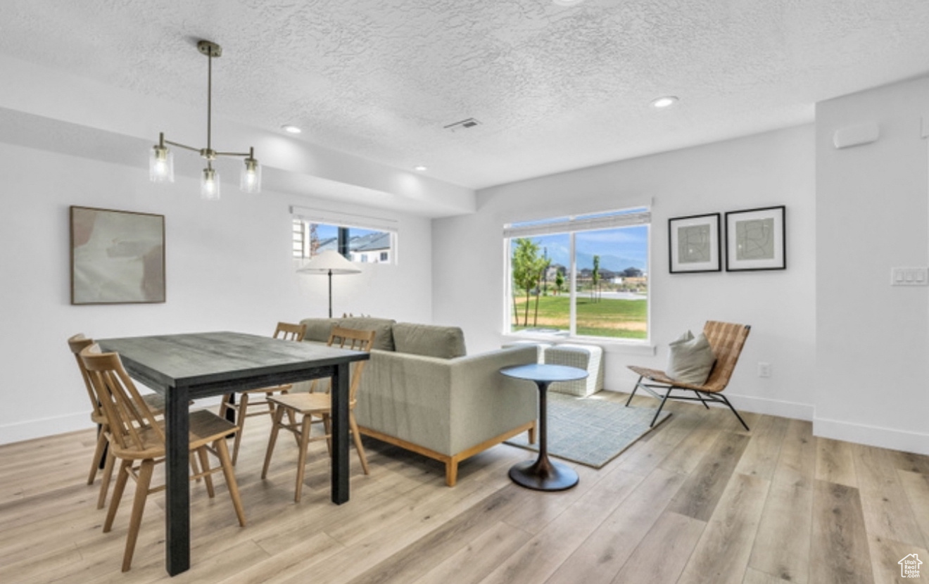 Living room featuring plenty of natural light, light hardwood / wood-style floors, and a textured ceiling