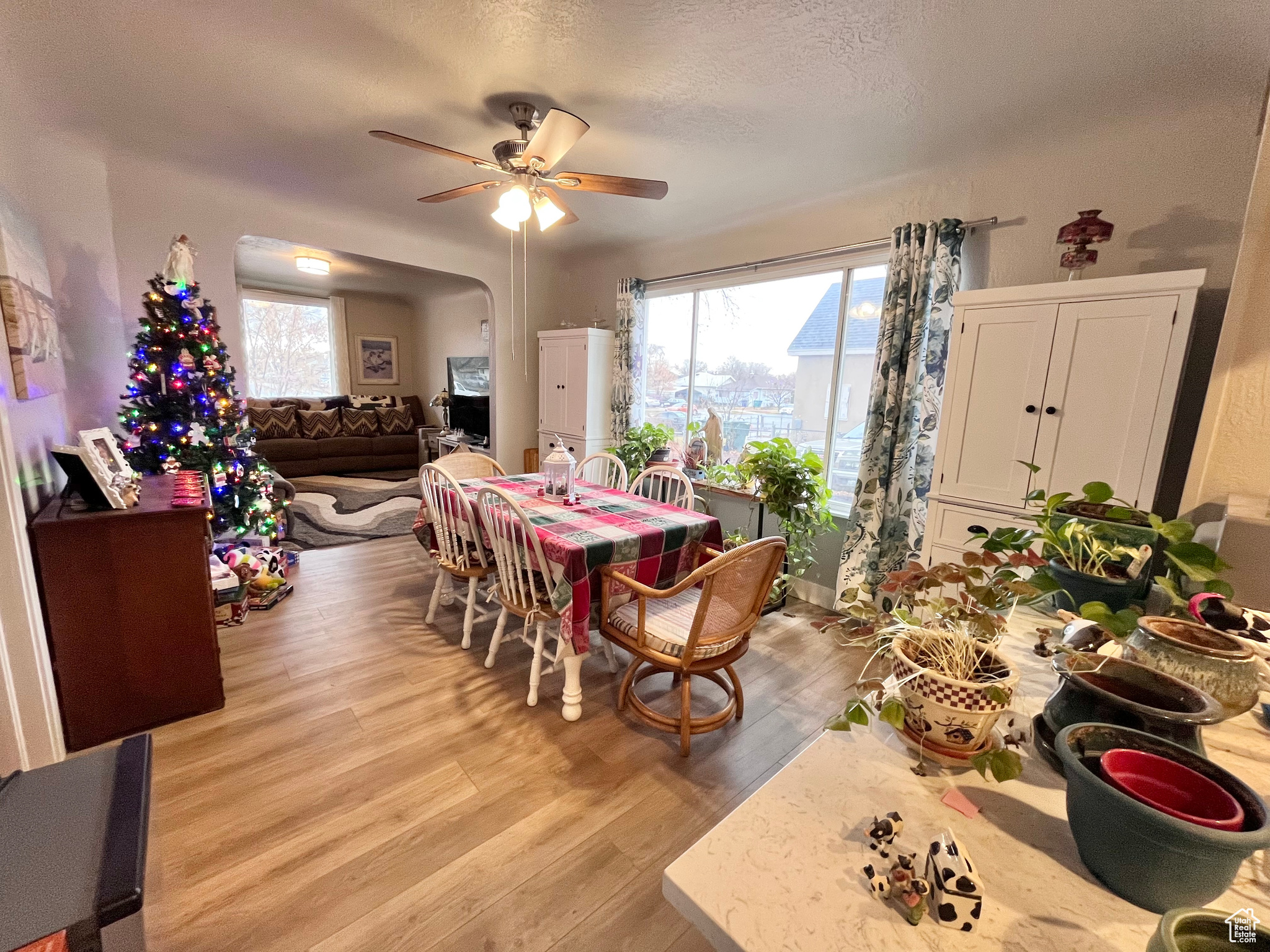 Dining space with a textured ceiling, light hardwood / wood-style floors, and ceiling fan