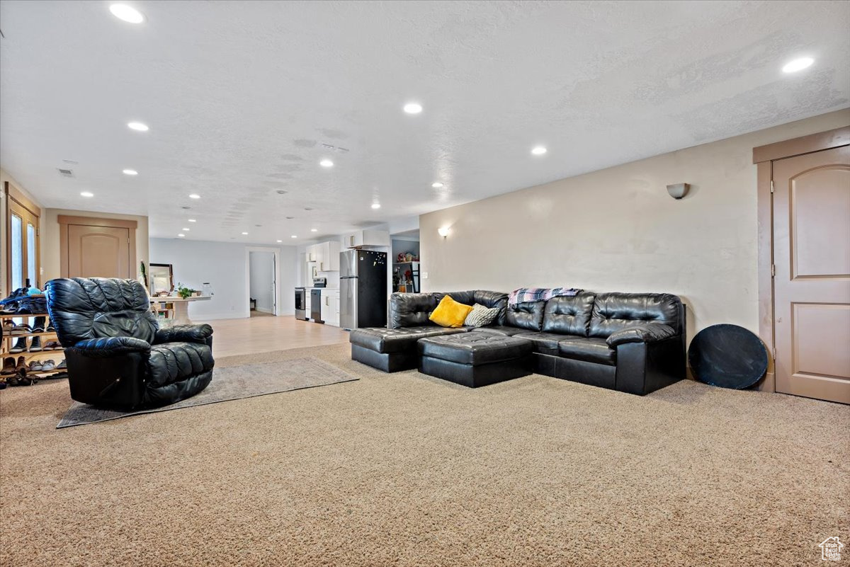 Living room with carpet flooring and a textured ceiling