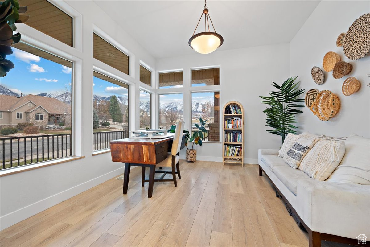 Office with light wood-type flooring