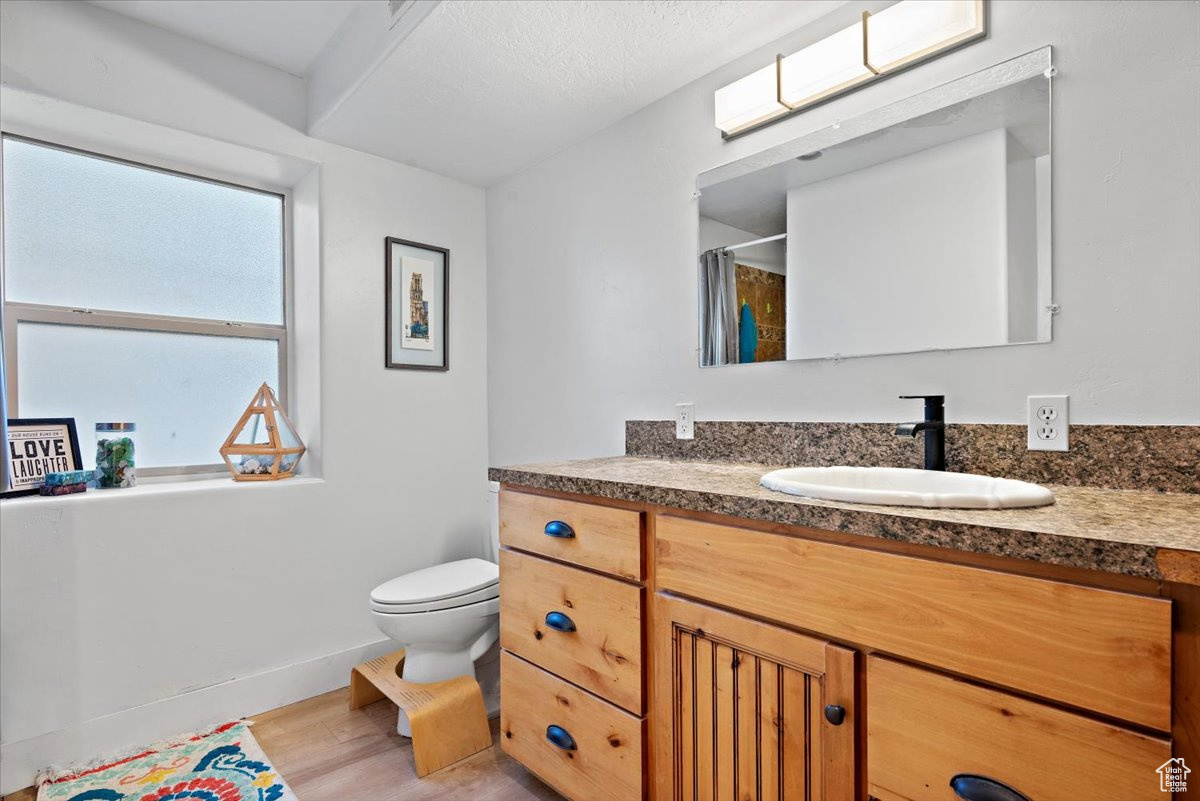 Bathroom with a textured ceiling, toilet, hardwood / wood-style flooring, vanity, and a shower with shower curtain