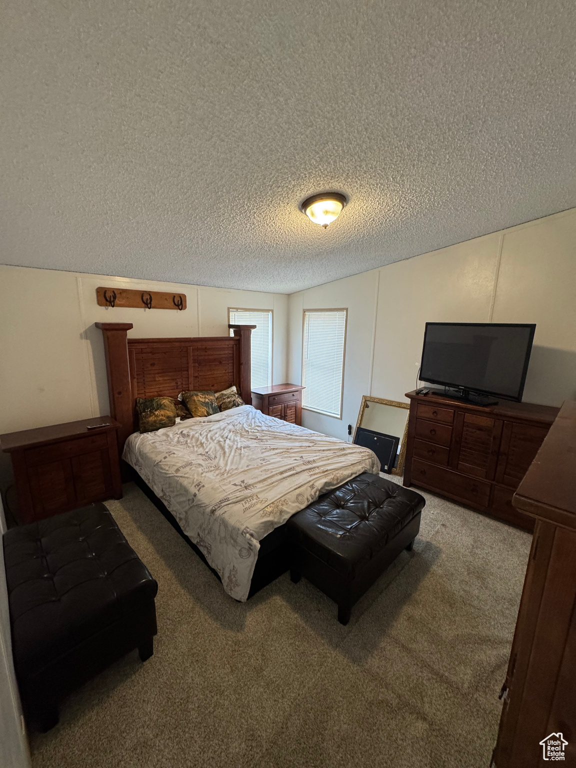 Carpeted bedroom featuring a textured ceiling and lofted ceiling