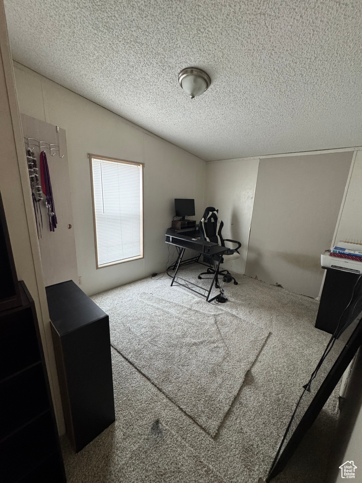 Home office featuring vaulted ceiling, carpet floors, and a textured ceiling