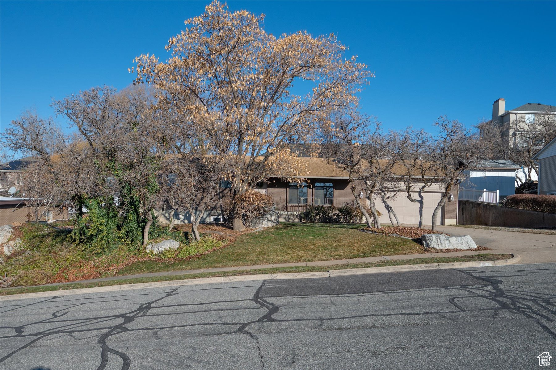 Front of home featuring a 2-car garage & a wooded front yard