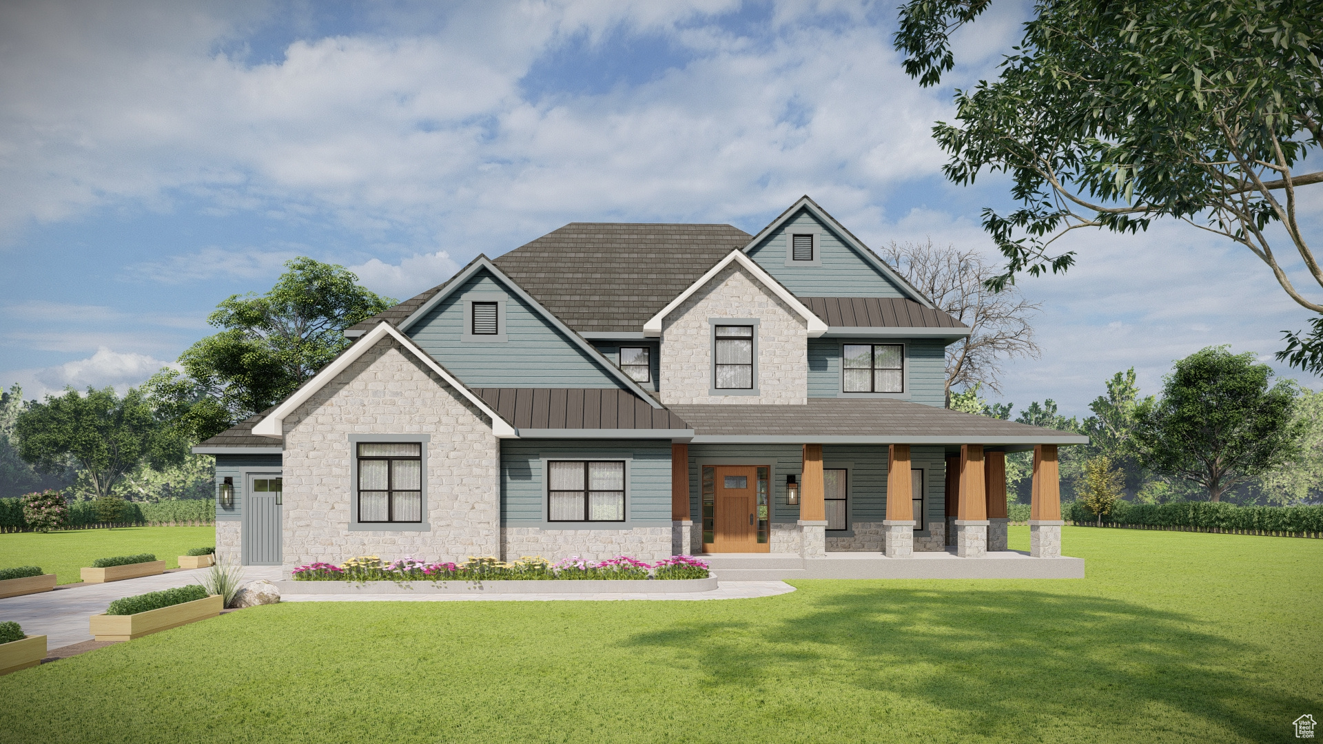 Craftsman-style home with covered porch and a front yard