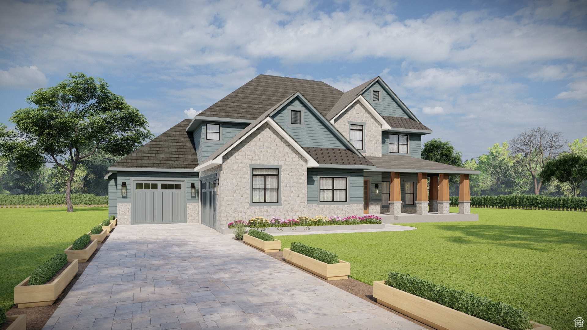 Craftsman-style house with a porch, a garage, and a front lawn