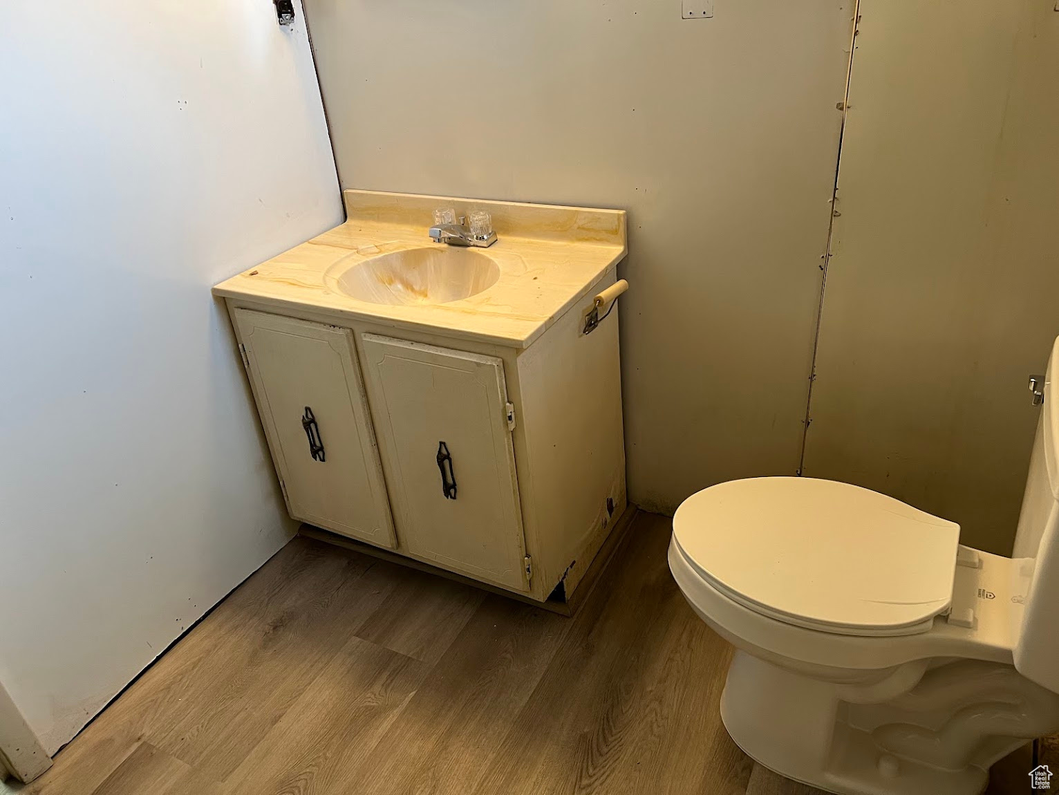 Bathroom featuring vanity, hardwood / wood-style flooring, and toilet