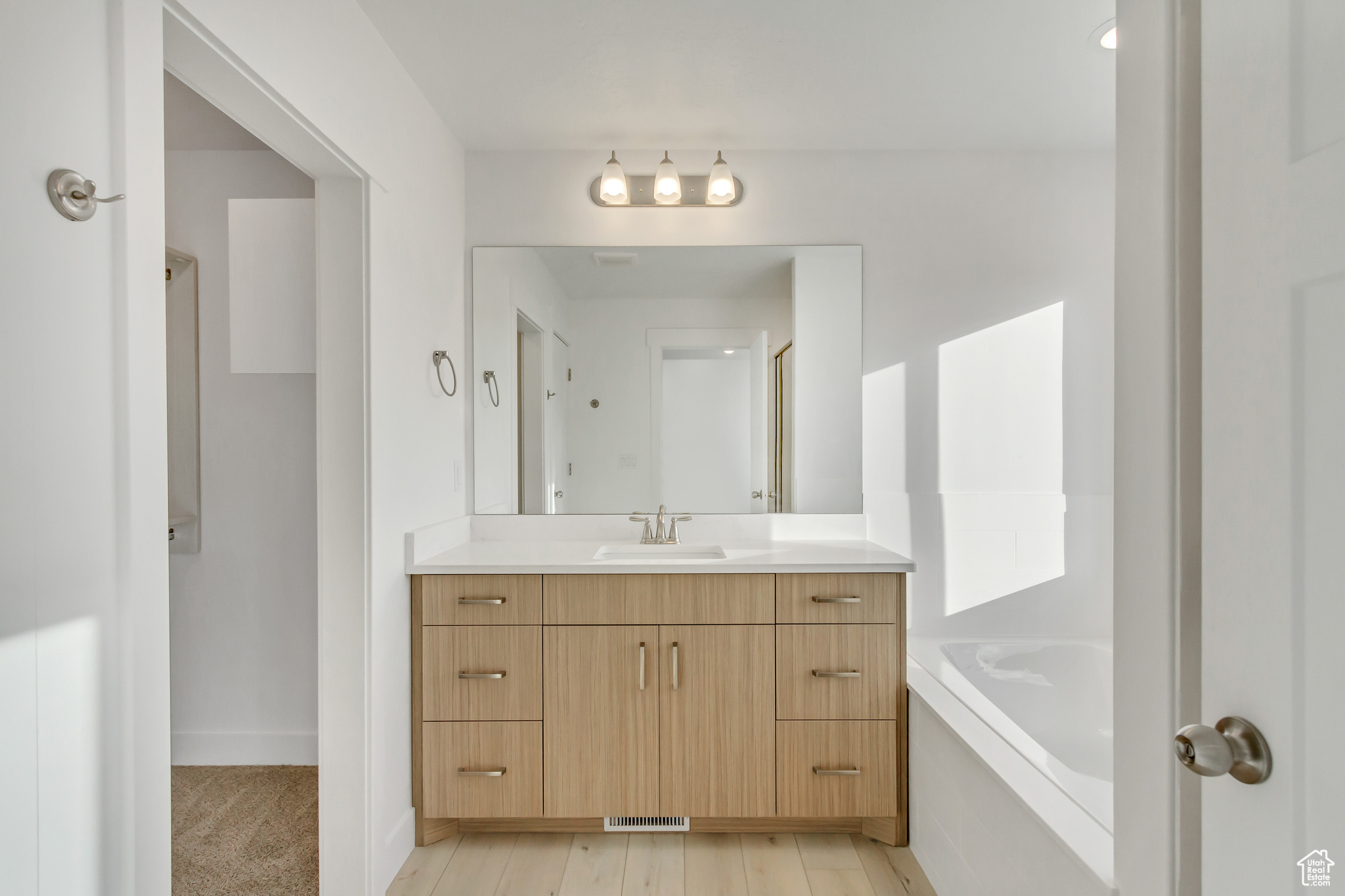 Bathroom with vanity and a bath