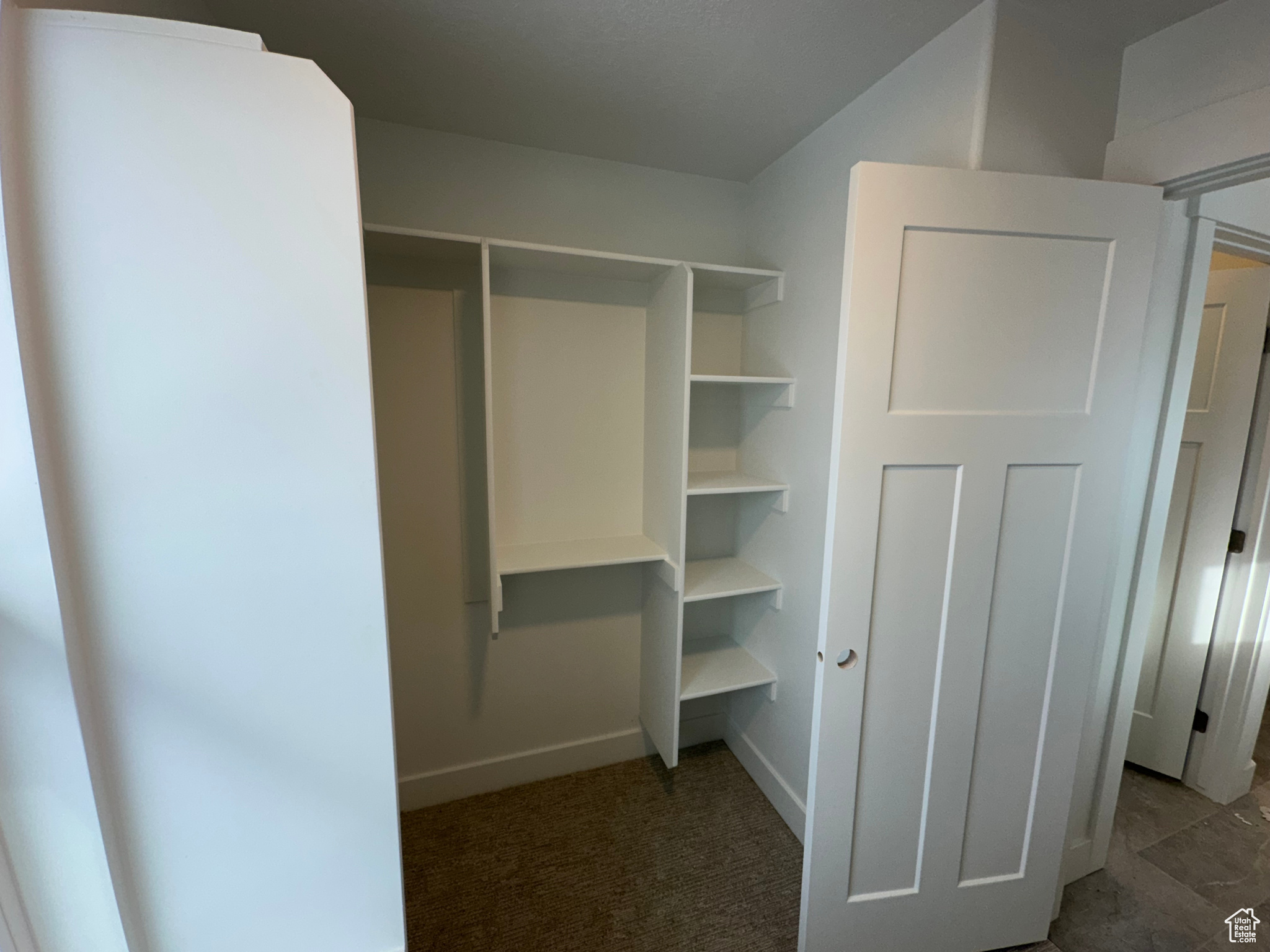 Owner's walk in closet with space saver organization and shelving.