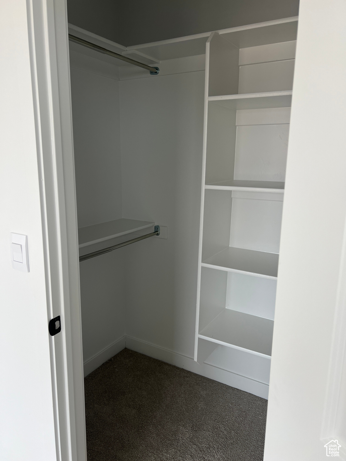 Spacious closet featuring dark carpet