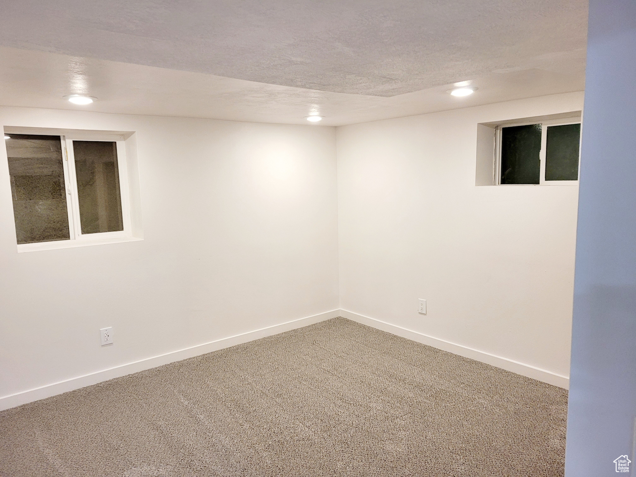 Basement featuring carpet floors and a textured ceiling