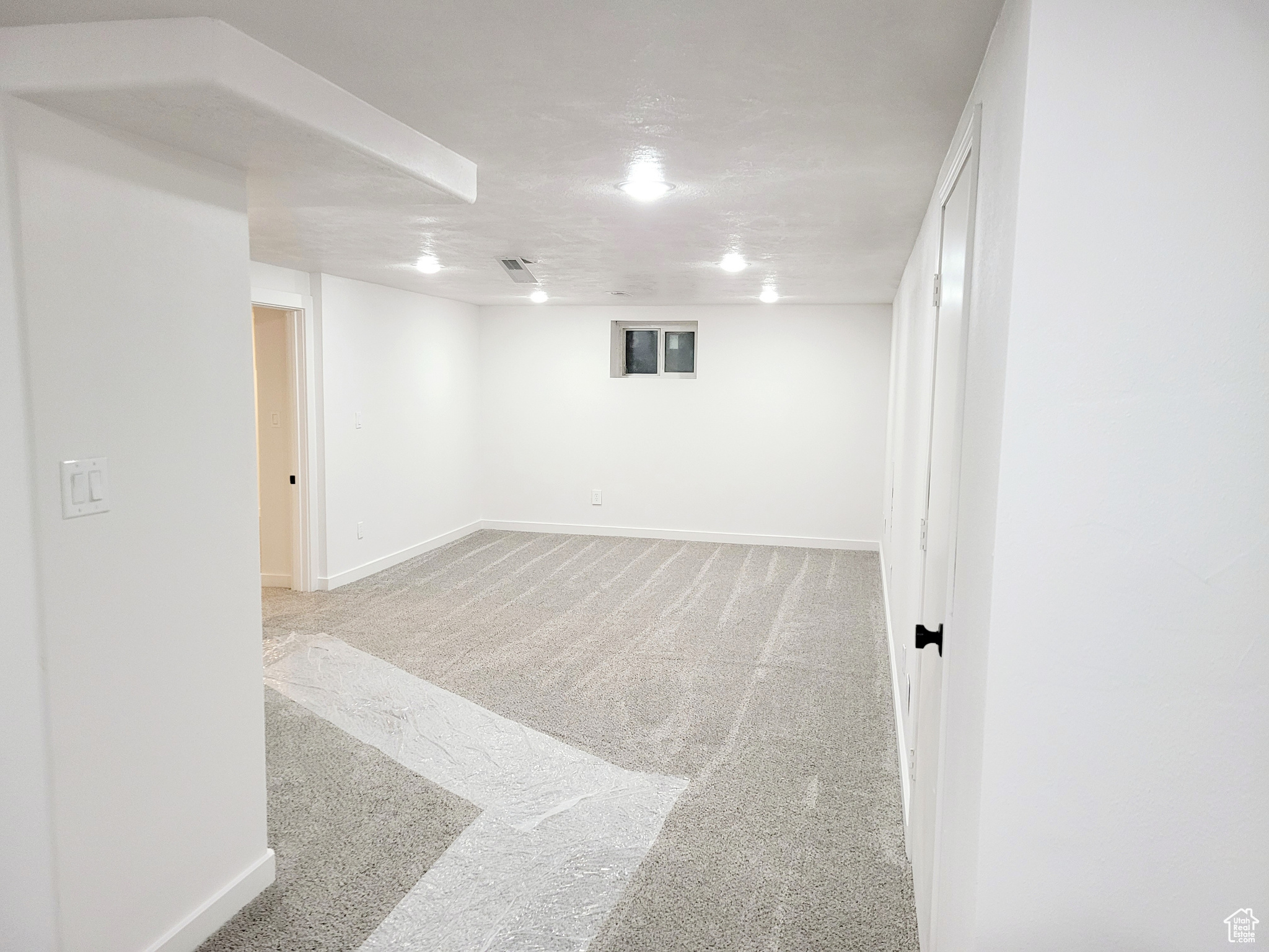 Basement with light carpet