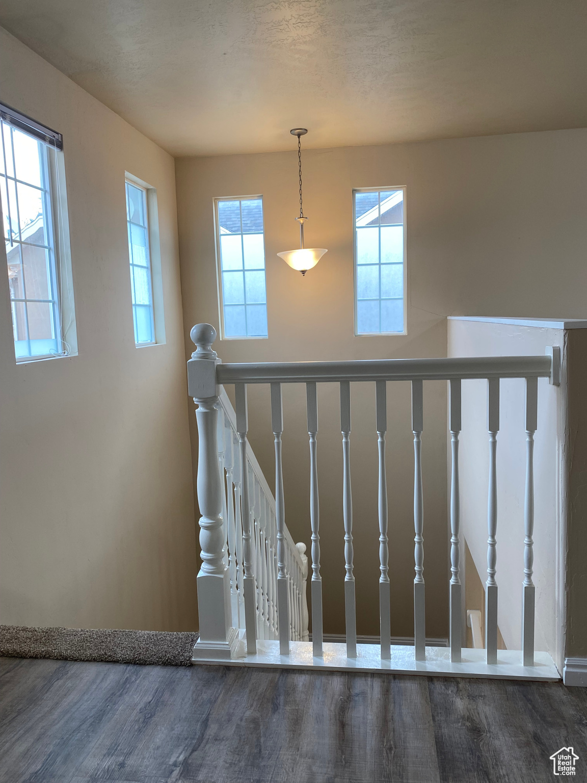 Stairs with hardwood / wood-style floors