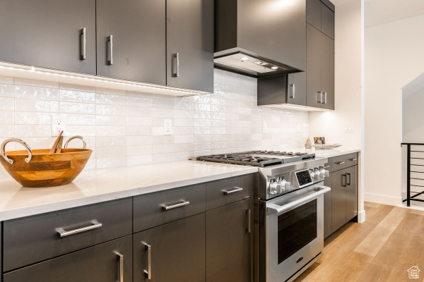 Kitchen featuring stainless steel range, sink, wall chimney range hood, decorative backsplash, and light wood-type flooring