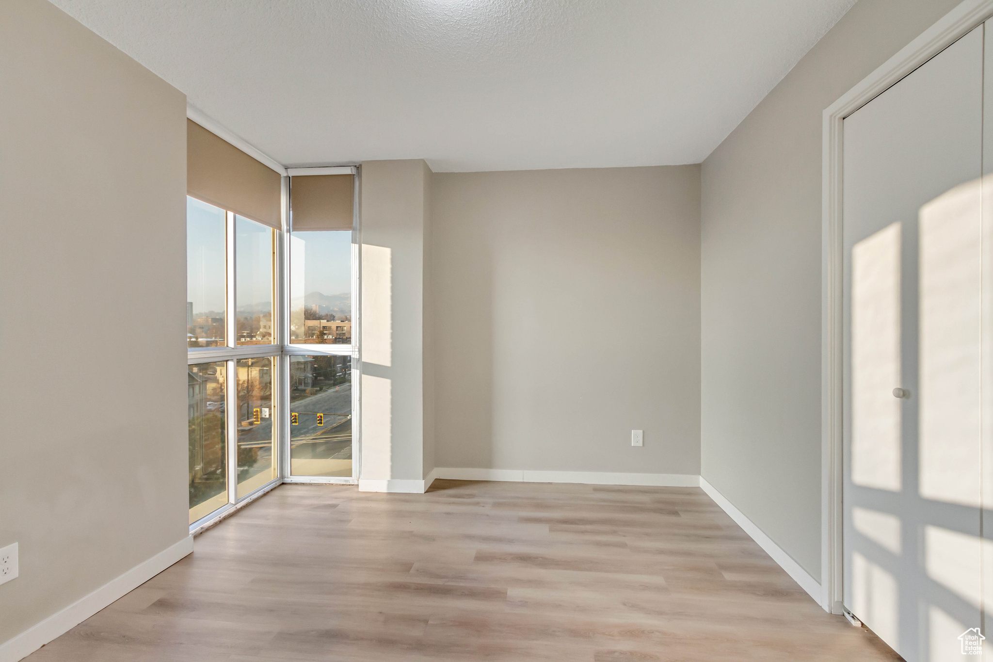 Empty room featuring expansive windows, light hardwood / wood-style floors, and plenty of natural light