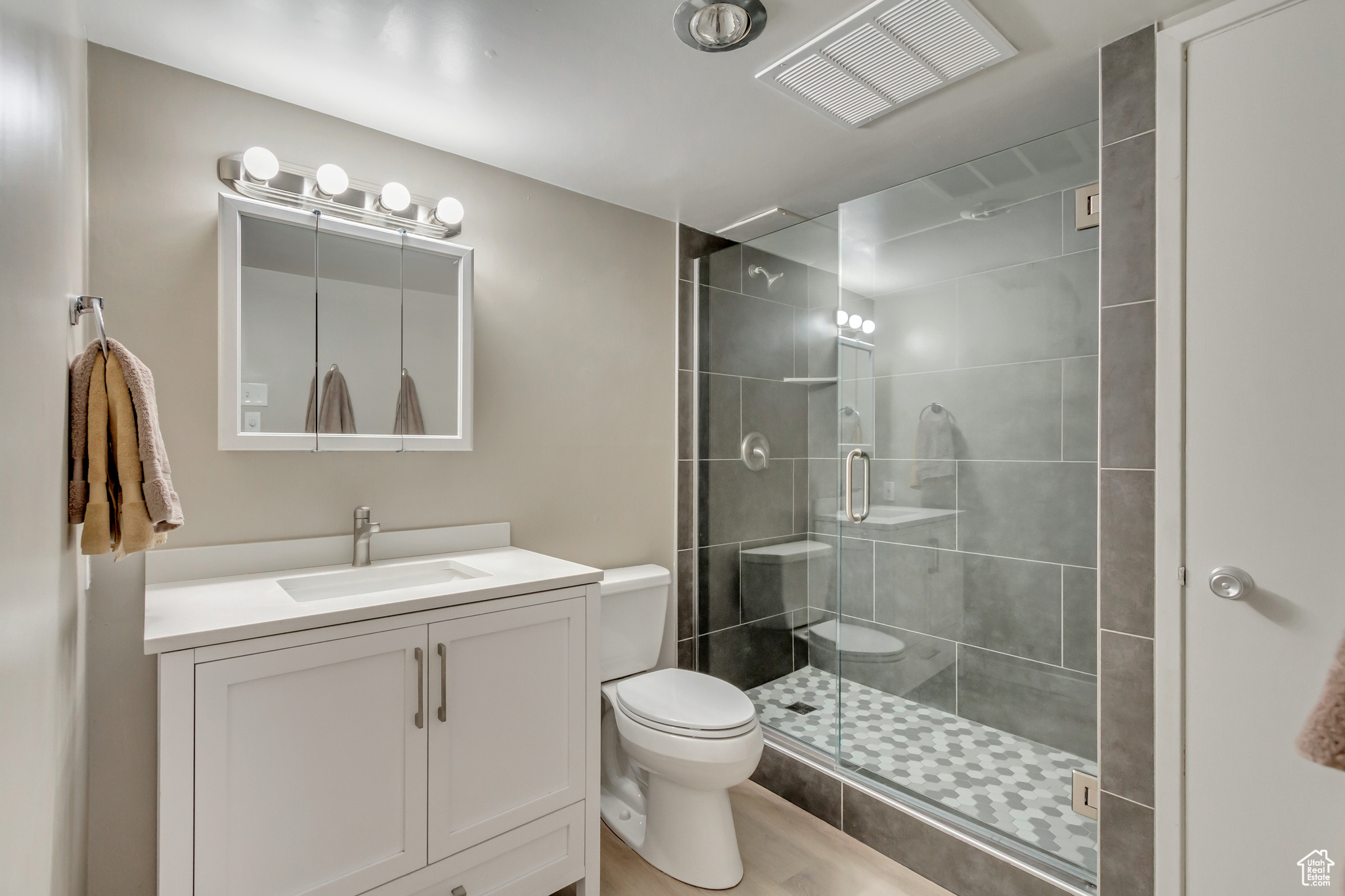 Bathroom with vanity, toilet, and a shower with shower door