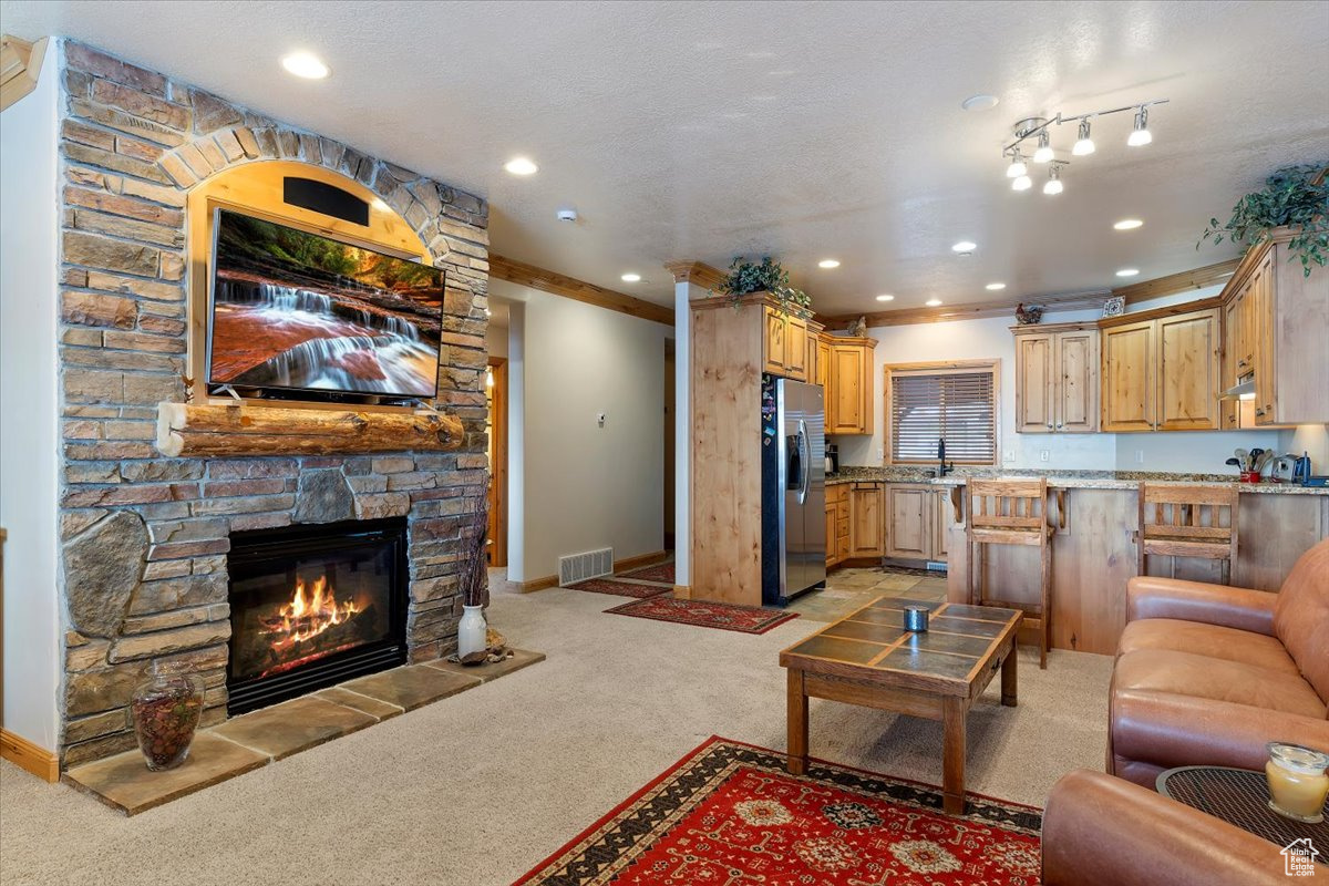 Main Level Living room featuring sink, crown molding, light colored carpet, a textured ceiling, and a fireplace