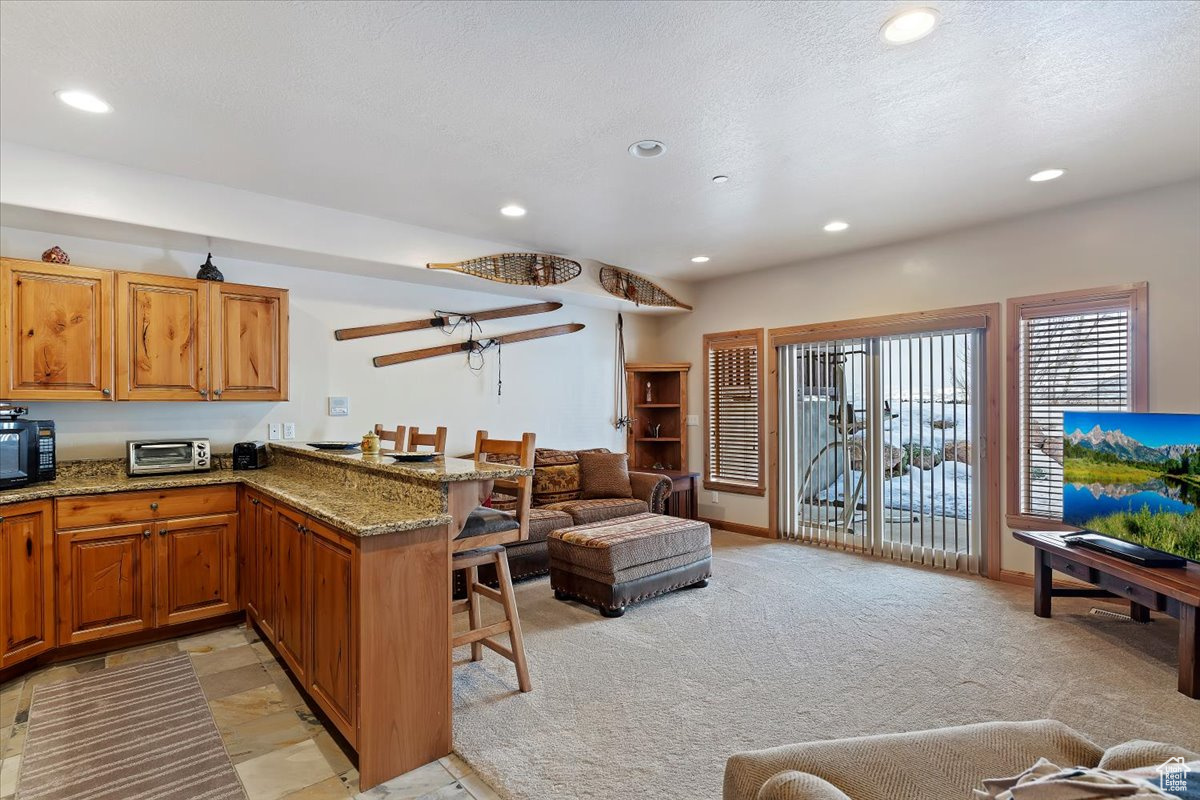 Basement 2nd Kitchen with a kitchen breakfast bar, kitchen peninsula, stone counters, and light colored carpet