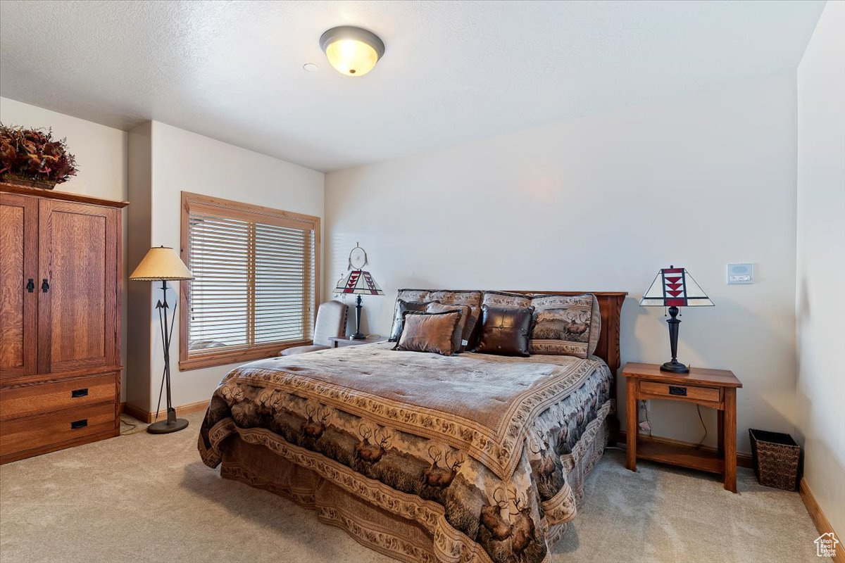 View of carpeted bedroom 1 of 2 bedrooms in basement.