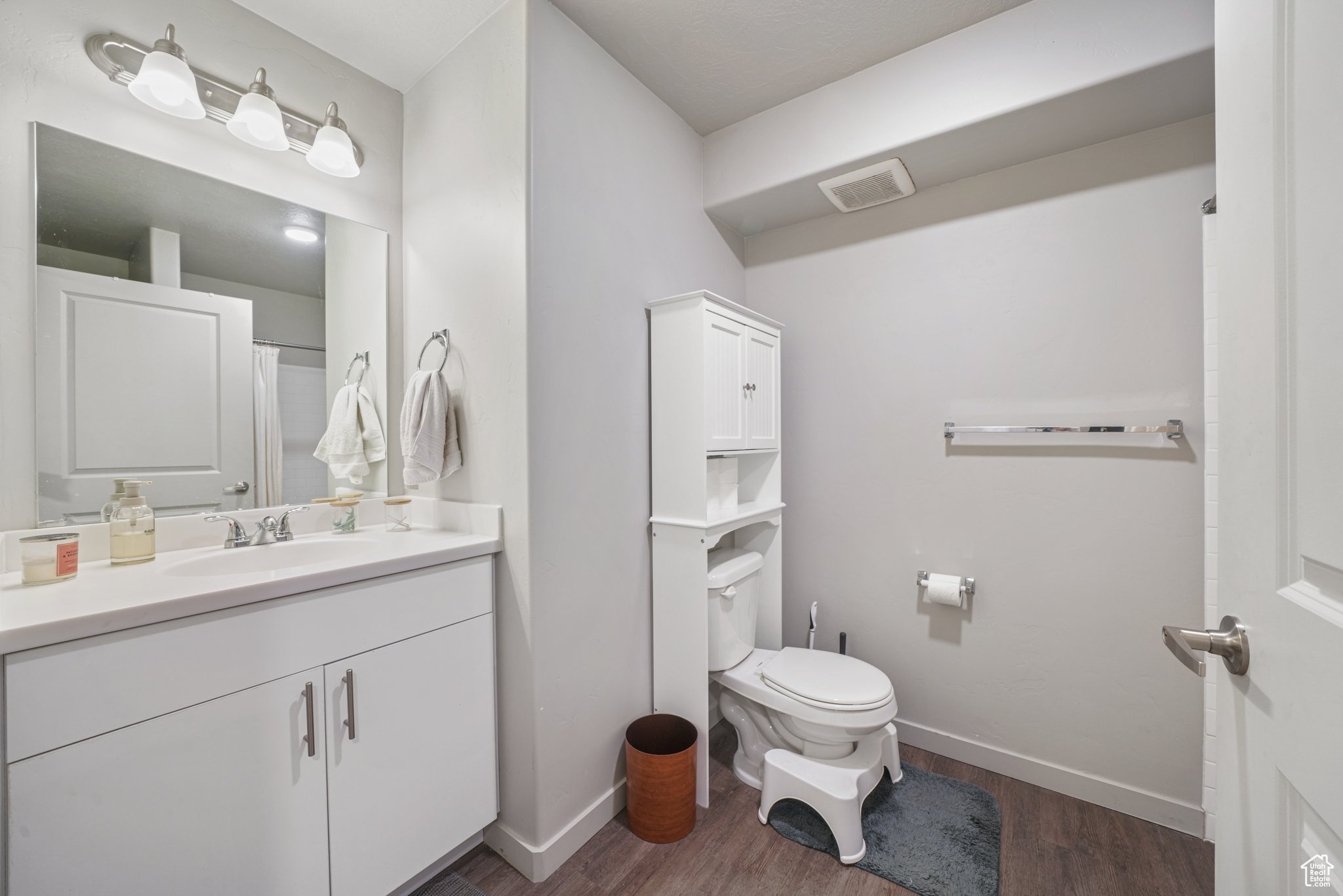 Bathroom featuring hardwood / wood-style floors, vanity, and toilet