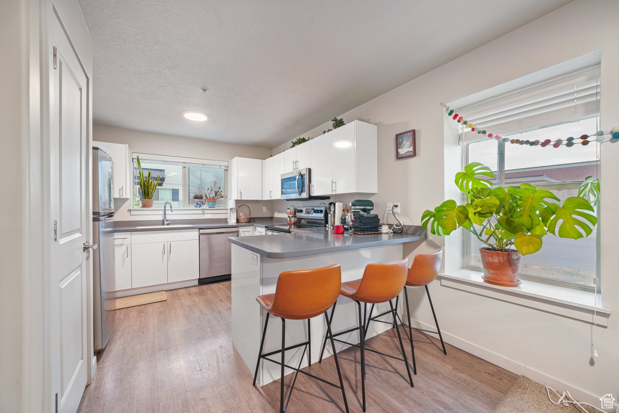 Kitchen with white cabinetry, sink, kitchen peninsula, plenty of natural light, and appliances with stainless steel finishes