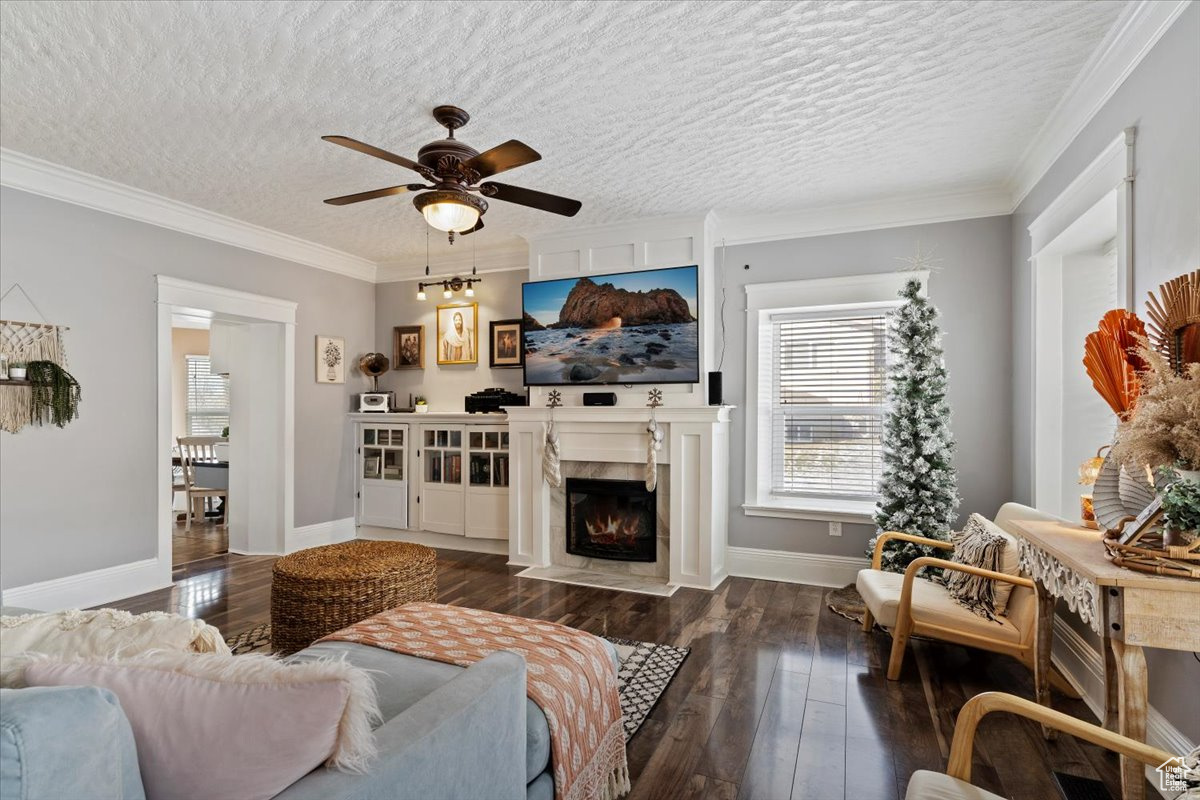 Living room featuring dark wood-type flooring, crown molding, ceiling fan, a premium fireplace, and a textured ceiling