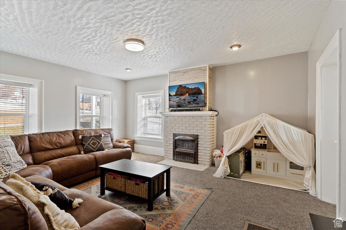 Living room featuring a textured ceiling and carpet floors