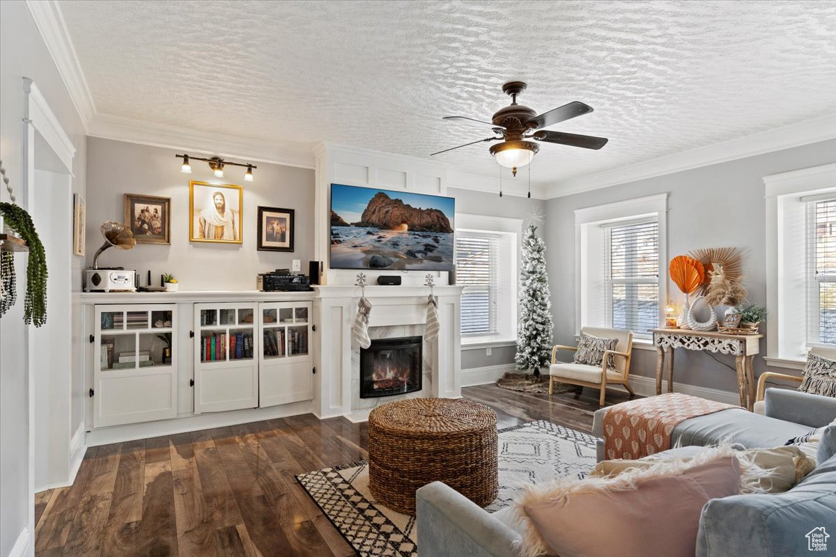 Living room featuring a wealth of natural light, dark hardwood / wood-style flooring, and ornamental molding