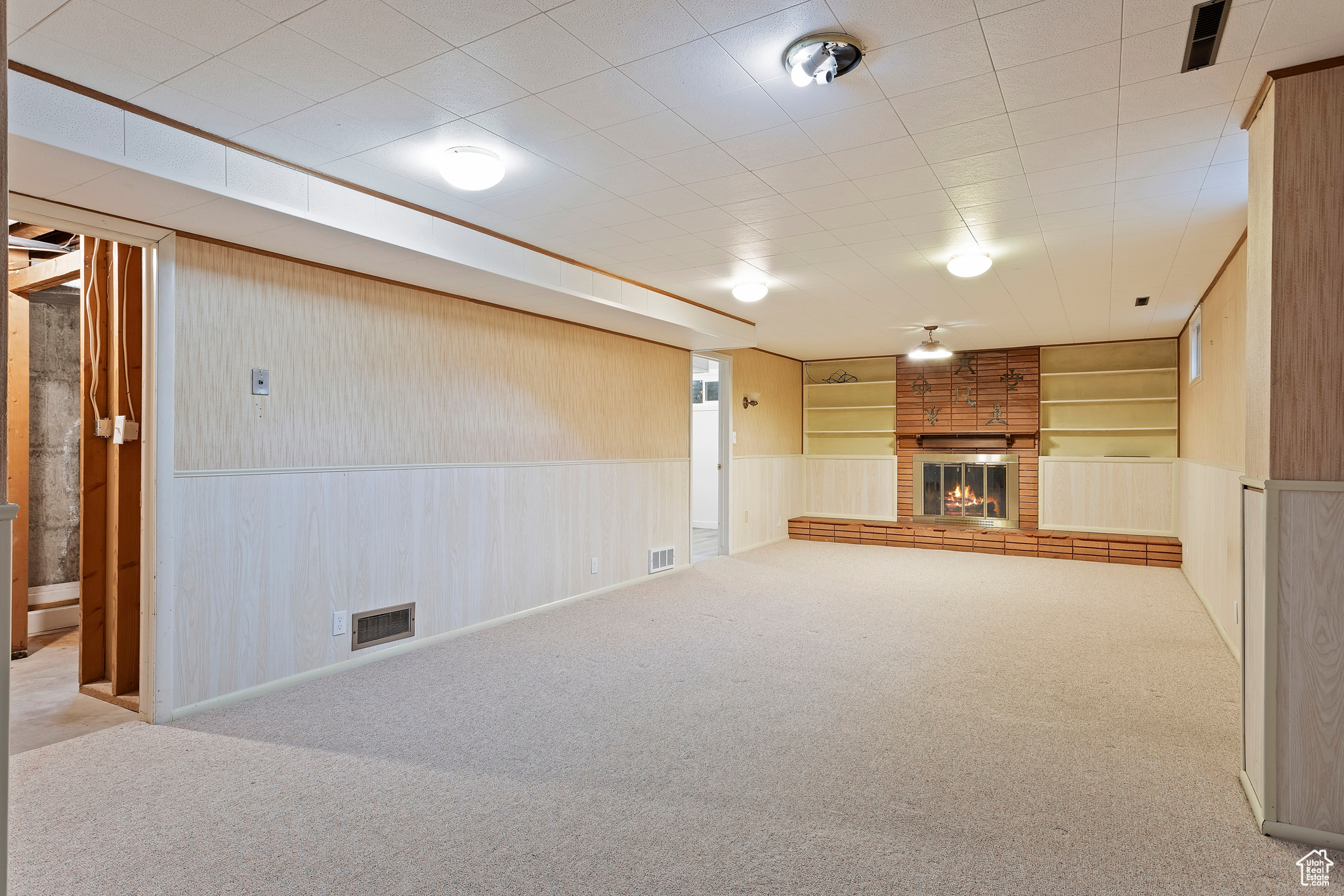 Basement with wooden walls, built in shelves, a fireplace, and light carpet