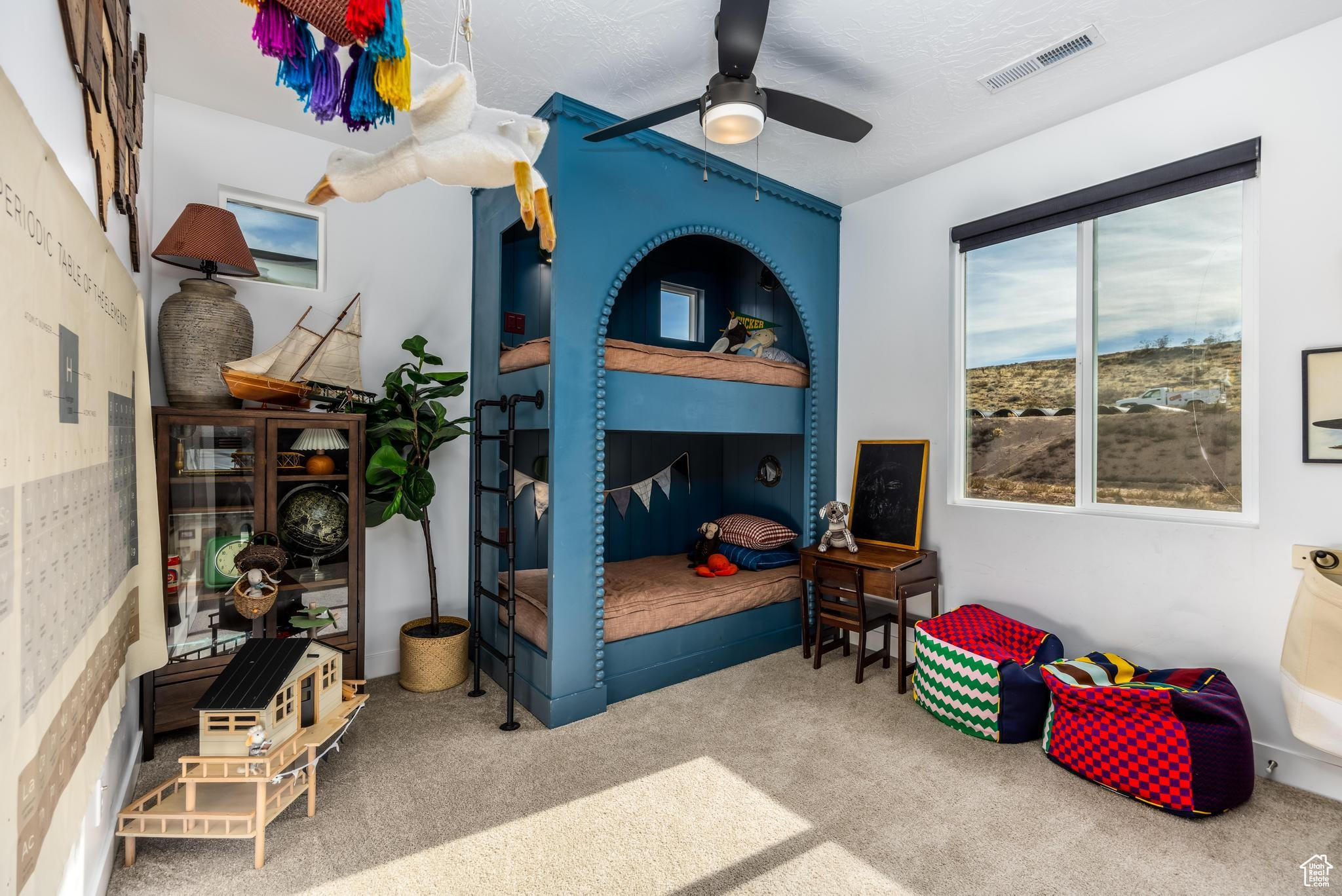 Bedroom #2 with lighted built-in bunkbeds and ceiling fan