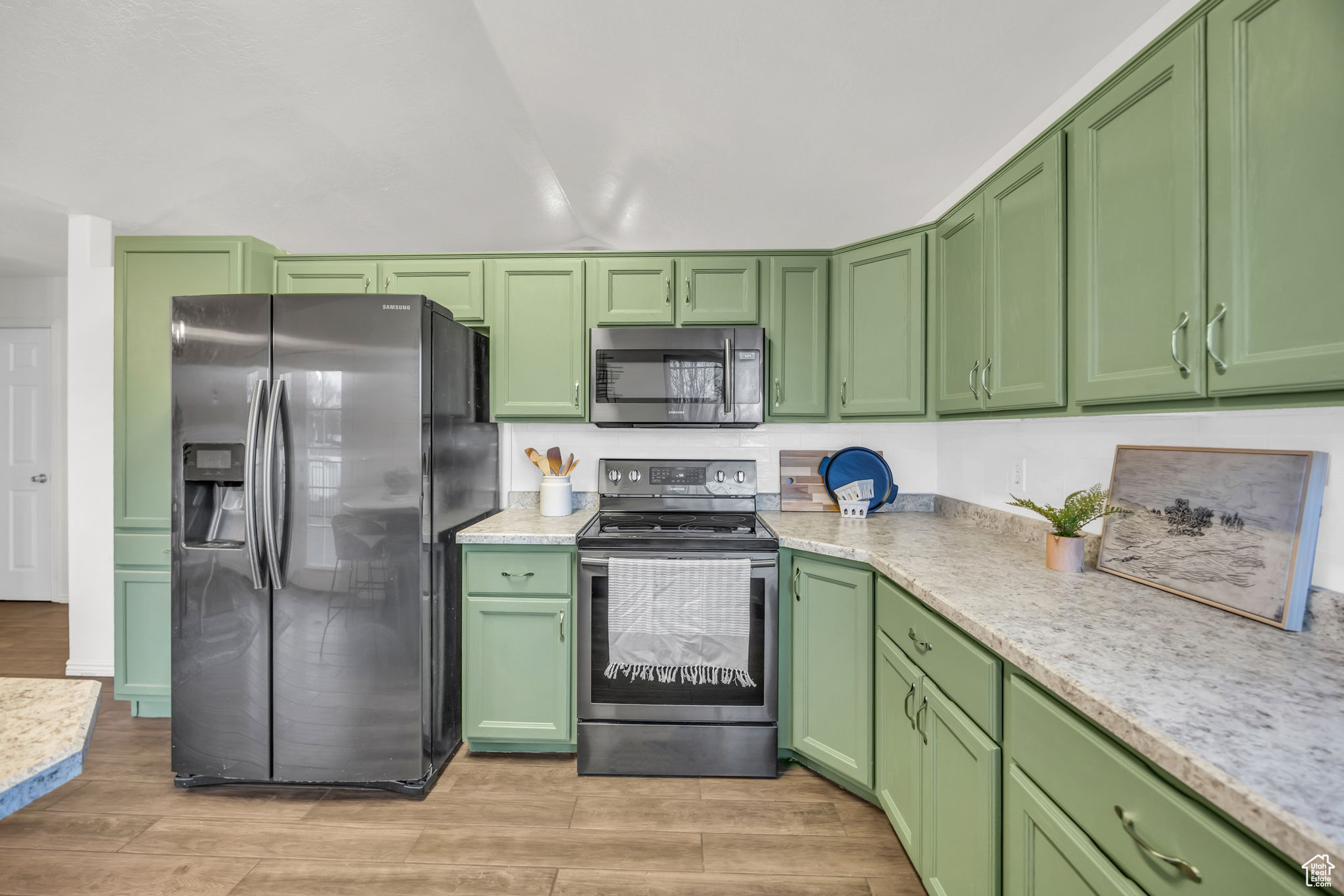 Kitchen with green cabinets and stainless steel appliances