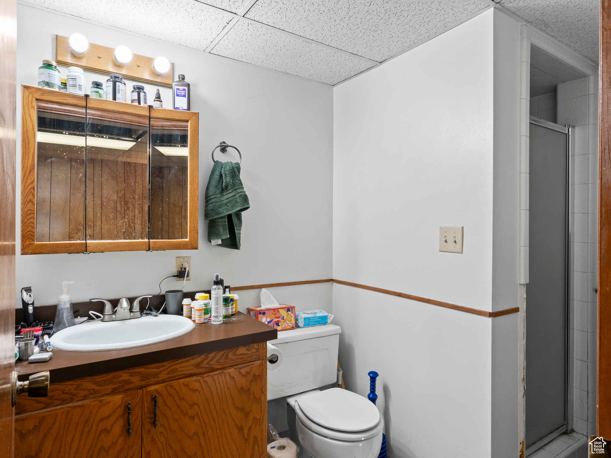 Bathroom featuring a drop ceiling, vanity, an enclosed shower, and toilet